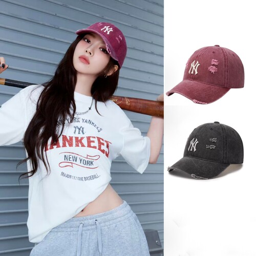 柳智敏张凌赫明星同款MLB棒球帽子防晒帽NY破洞做旧遮阳鸭舌帽女