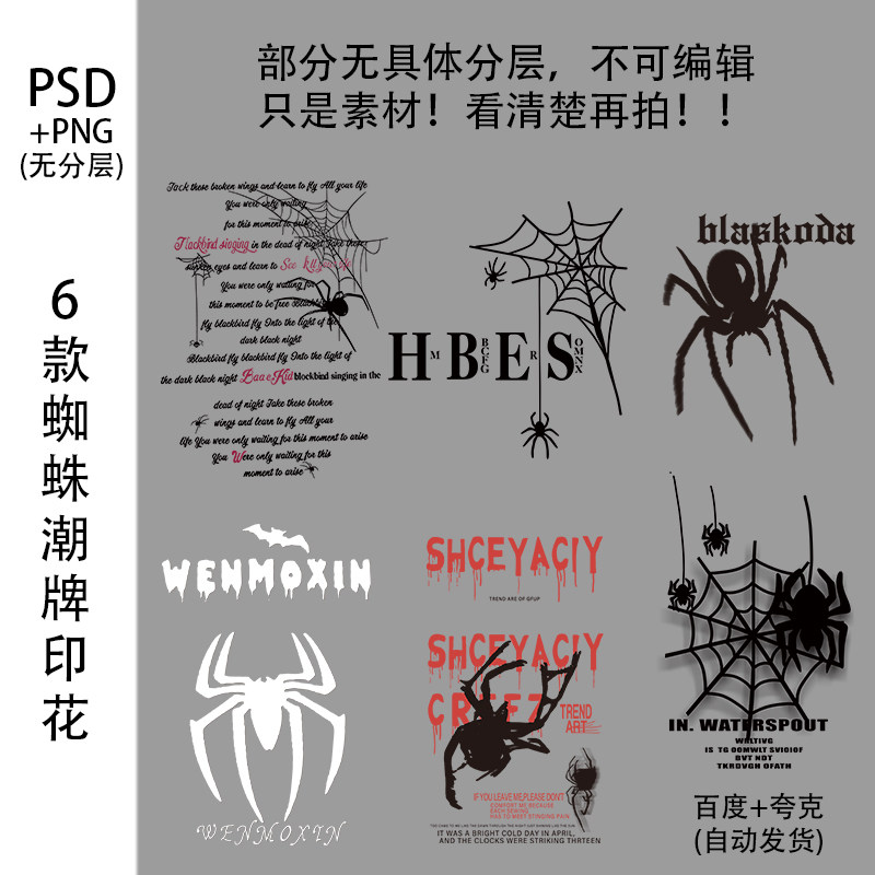 六款蜘蛛字母美式外贸潮流印花卫衣T恤高清烫画图案psd免扣素材pn
