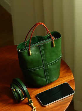 peshawar | 头层植鞣牛皮墨绿色单肩水桶包女式迷你小号斜挎包