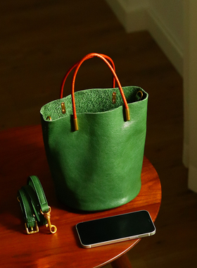 peshawar | 日系小众绿色水桶包女士质感真皮手提包夏天牛皮女包