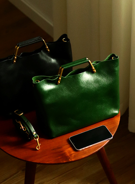 peshawar | 小众轻奢托特包女士头层牛皮绿色通勤包森系水桶包