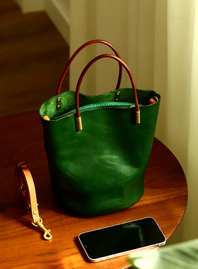 peshawar | 进口植鞣牛皮水桶包小众轻奢手提包绿色法式复古小包