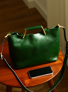 peshawar | 墨绿色植鞣牛皮托特包女士小众轻奢水桶包真皮公文包