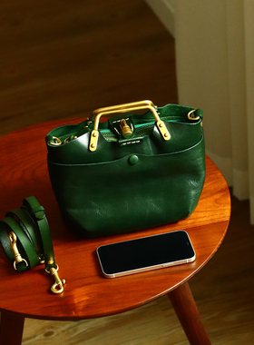 peshawar | 小众轻奢斜挎包女士头层植鞣牛皮墨绿色单肩包水桶包