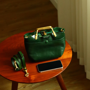 peshawar 小众轻奢斜挎包女士头层植鞣牛皮墨绿色单肩包水桶包