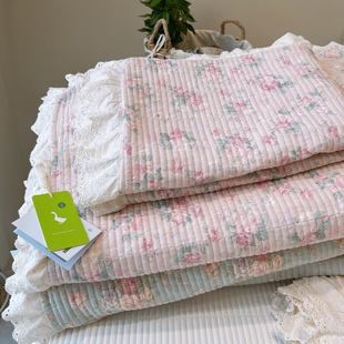 韩国大鹅单面全棉纱布床盖三件套蕾丝边绗缝夹棉四季防滑纯棉床单