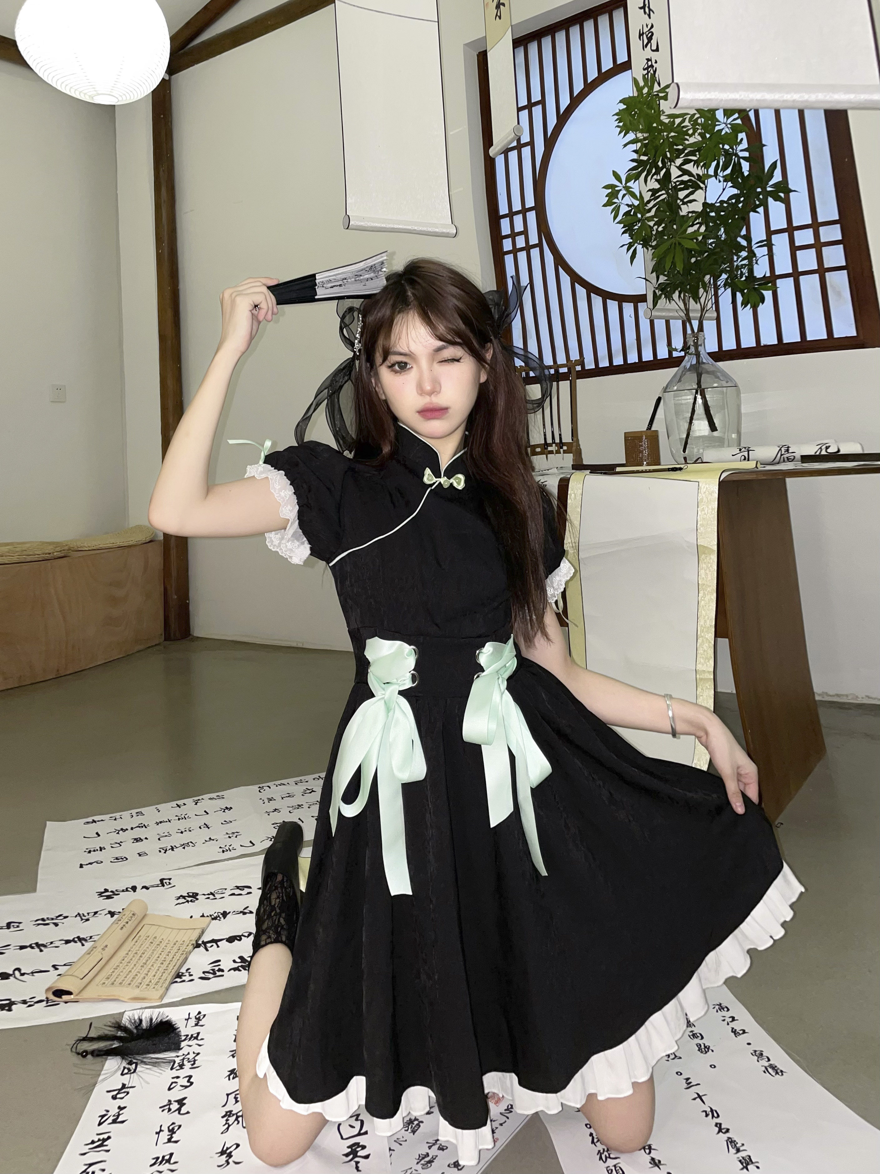 甜辣风改良旗袍夏小众收腰绑带日系甜美学院风少女短裙国风连衣裙