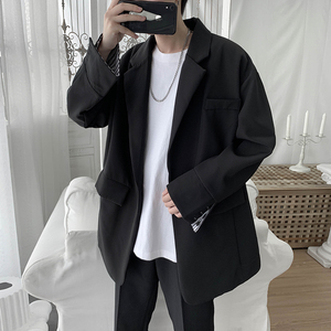 春夏袖口翻边黑色便服单西宽松休闲西装男韩上衣外套1003W1910P,粉色牛仔裙搭配白红上衣图片
