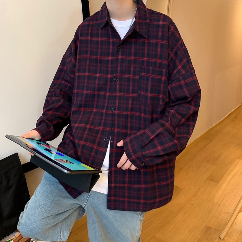 秋装四色潮流宽松格纹情侣长袖衬衣1003C1101P55，男装衬衫，星座1003