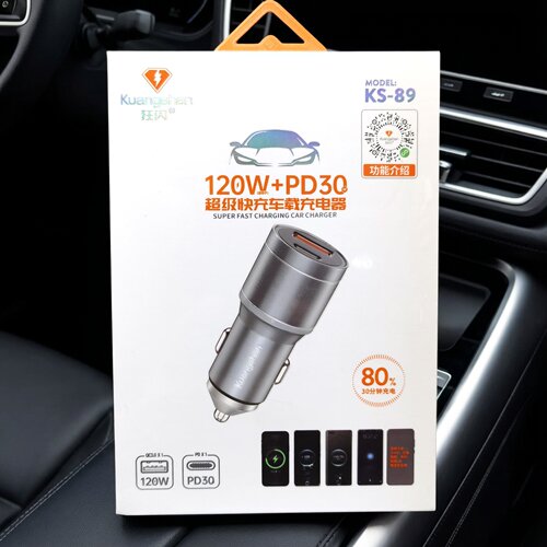 狂闪超级快充车充适用于120W+PD30W双口通用手机车载充电器KS-89