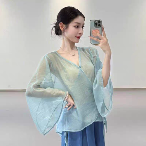 古典舞身韵交叉v领纱衣女宽松仙气飘逸舞蹈上衣中国舞形体练功服