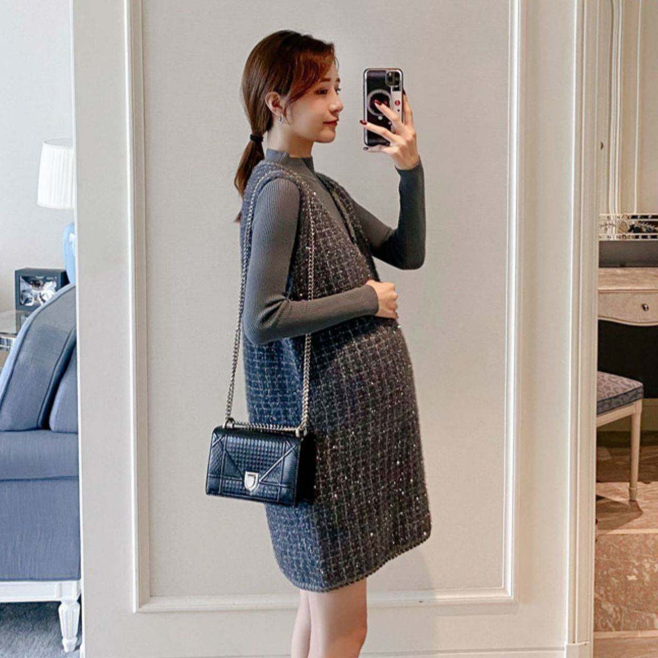 임산부 가을 겨울 정장은 패셔너블하고 우아하며 스웨터 조끼 조끼 니트 탑 슬림 드레스 트렌디함