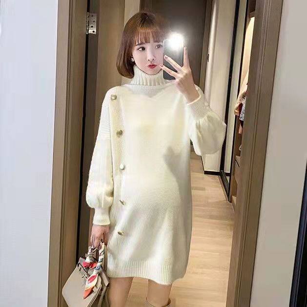 임산부 가을 의상 세트 패셔너블한 새로운 스타일 하이넥 원피스 중기 임산부 상의 가을 겨울 두꺼운 스웨터