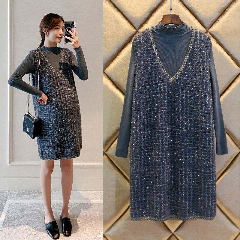 임산부 가을 겨울 정장은 패셔너블하고 우아하며 스웨터 조끼 조끼 니트 탑 슬림 드레스 트렌디함