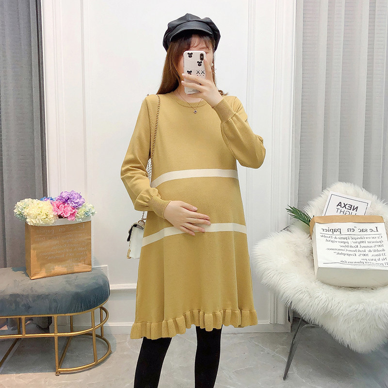 출산 겨울 정장 패셔너블한 출산복 가을 겨울 스트라이프 패션 스웨터 중간 길이의 대형 상의
