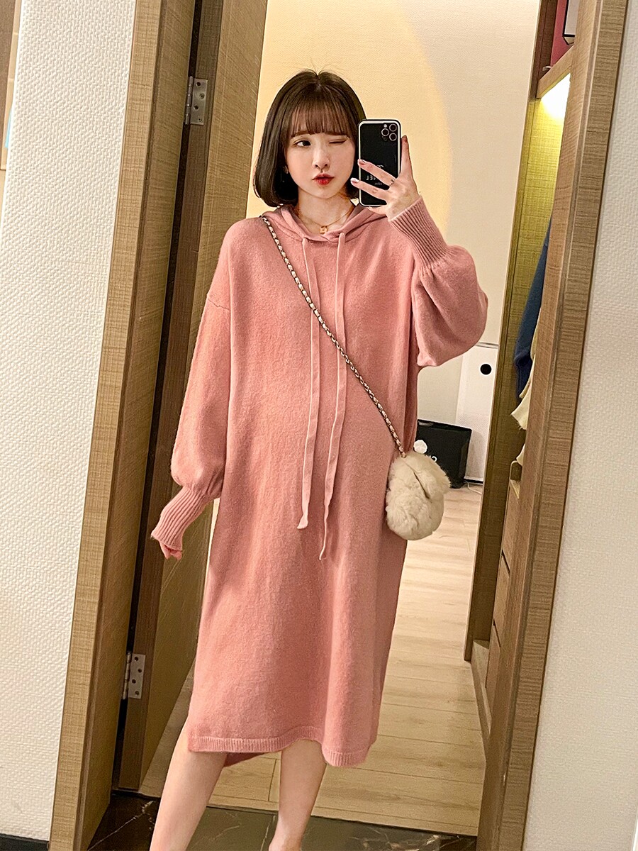 출산 가을 의류 후드 니트 스커트 정장 패션 드레스 새로운 출산 긴 소매 스웨터 가을 겨울 긴 스커트