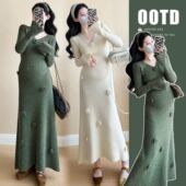 针织连衣裙时尚 法式 新款 秋装 高级感孕期穿搭秋冬v领长裙子 孕妇装