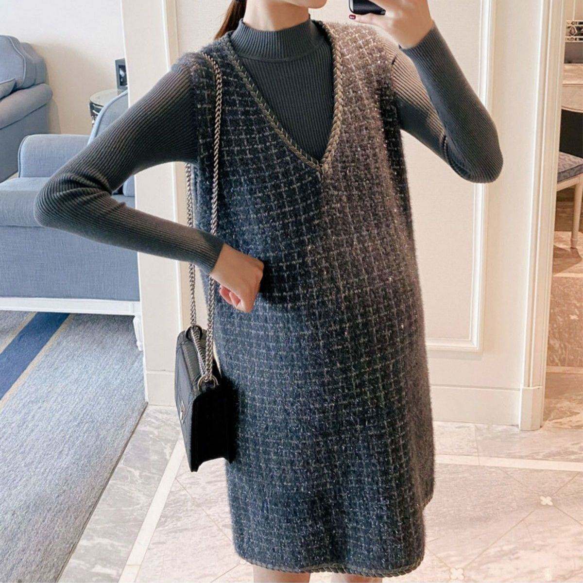 임산부 가을 겨울 정장은 패셔너블하고 우아하며 스웨터 조끼 조끼 니트 탑 슬림 드레스 트렌디함