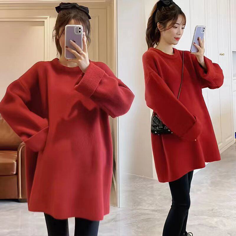 새해를 맞이한 새 옷 부드럽고 밀랍인 임산부 스웨터 가을 겨울 한국 패션 핫맘 레드 두꺼워진 루즈한 대형 니트 스커트