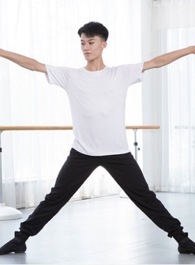 红舞鞋短袖男士莫代尔上衣圆领半袖黑色白色舞蹈服大码服装 35292