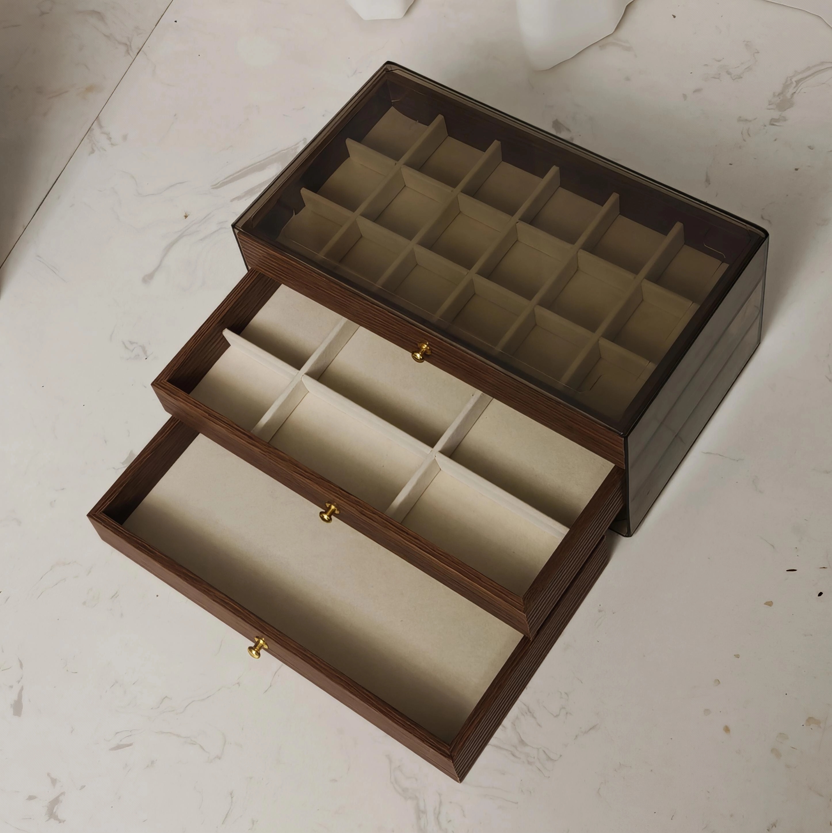 高档精致胡桃木纹戒指项链手镯珠宝耳环耳钉饰品三层首饰盒