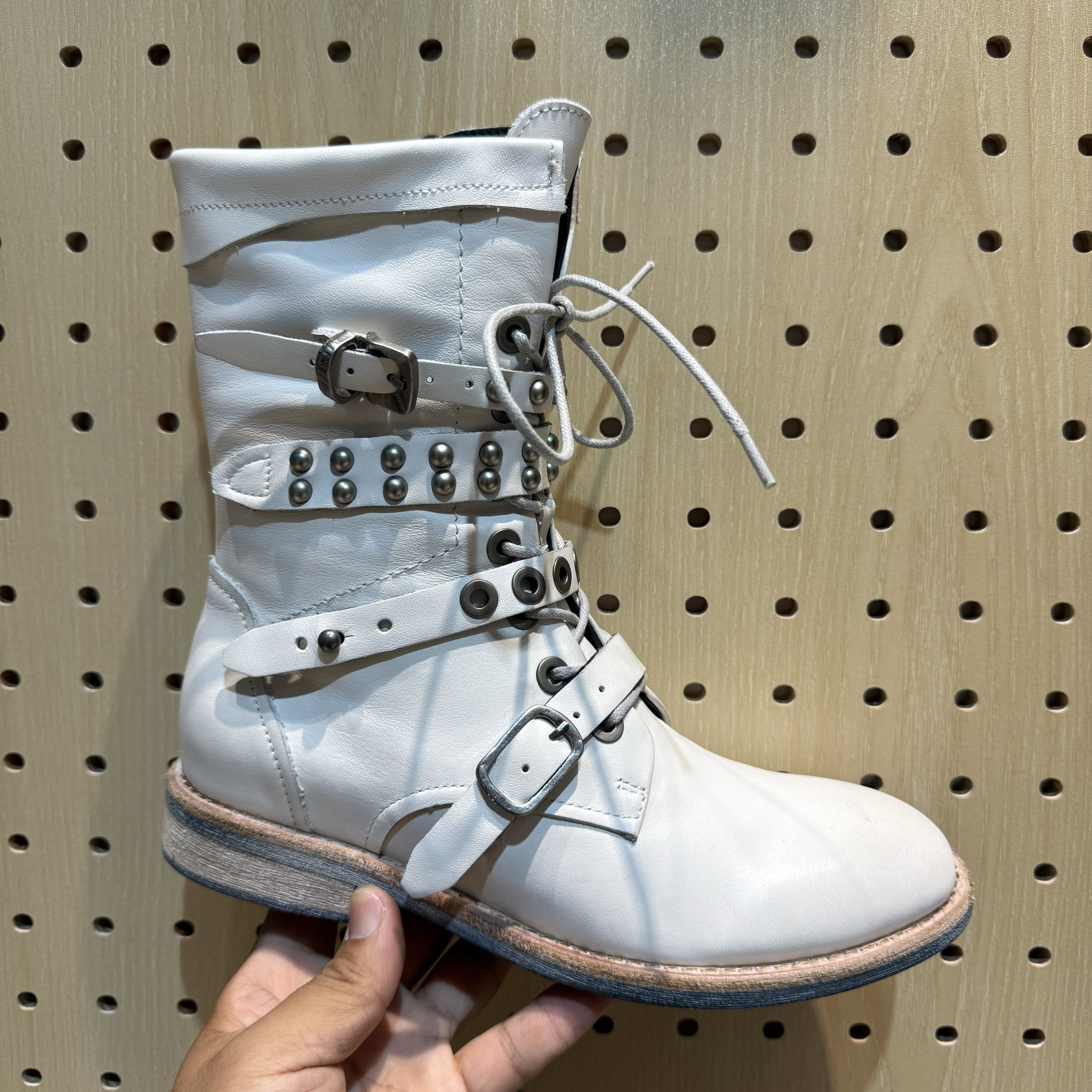 设计款朋克铆钉皮带复古擦色做旧骑士靴短靴机车马丁靴女