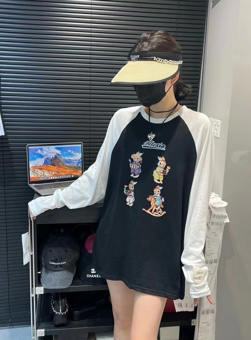 2023夏季新款韩版拼色插肩袖兔子长袖T恤女圆领薄款防晒上衣女潮
