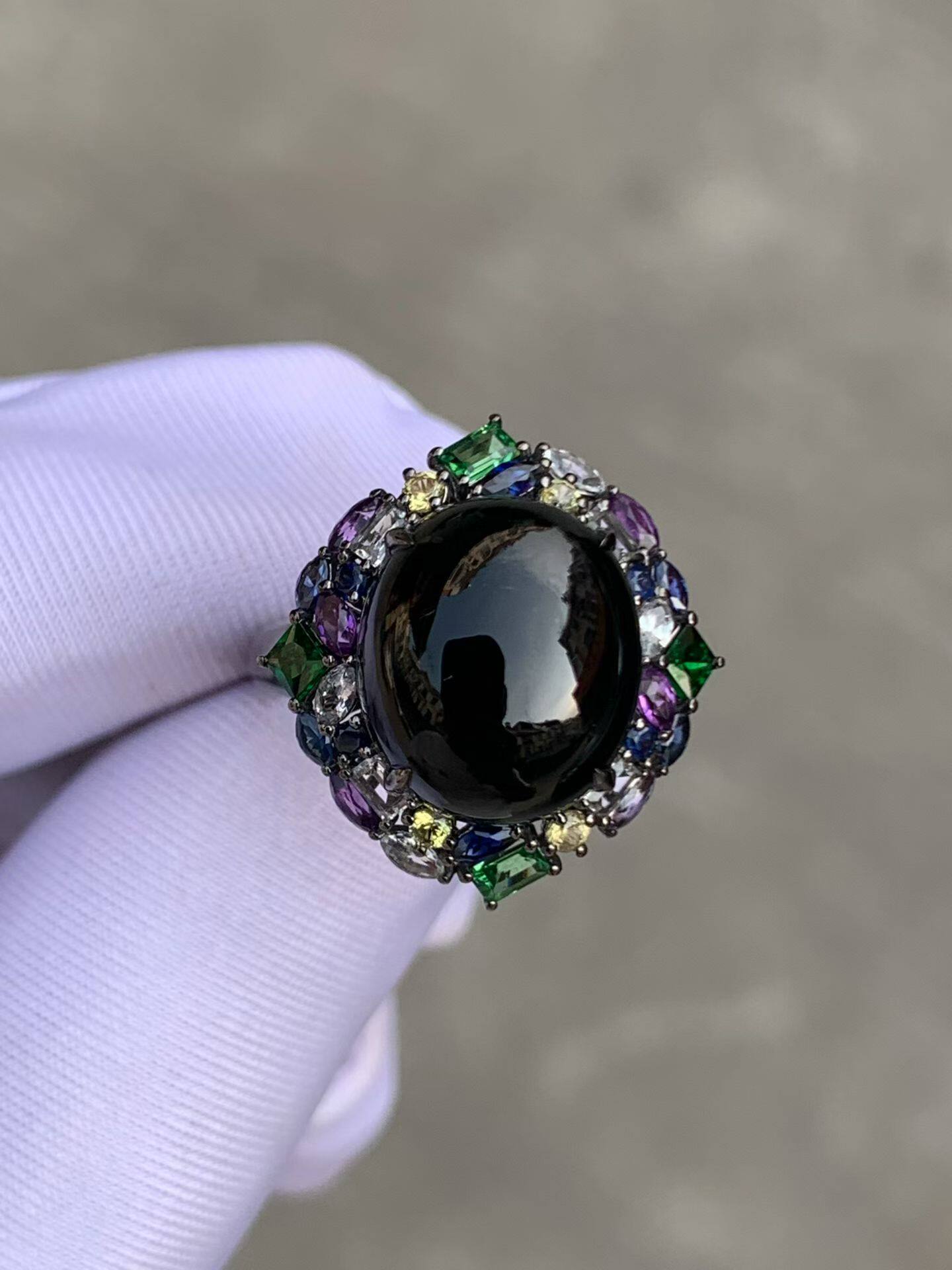 天然缅甸翡翠冰种墨翠蛋面戒指18k乌金镶嵌女士戒指大气优雅