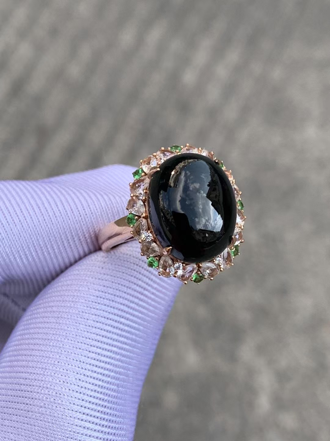 凝墨家天然缅甸翡翠冰种墨翠女士蛋面戒指18k镶嵌豪华大气