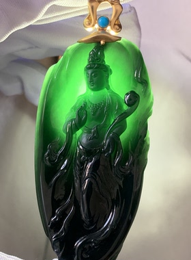 天然缅甸a货冰种墨翠观音吊坠18k金镶嵌纯手工雕刻随型牌子