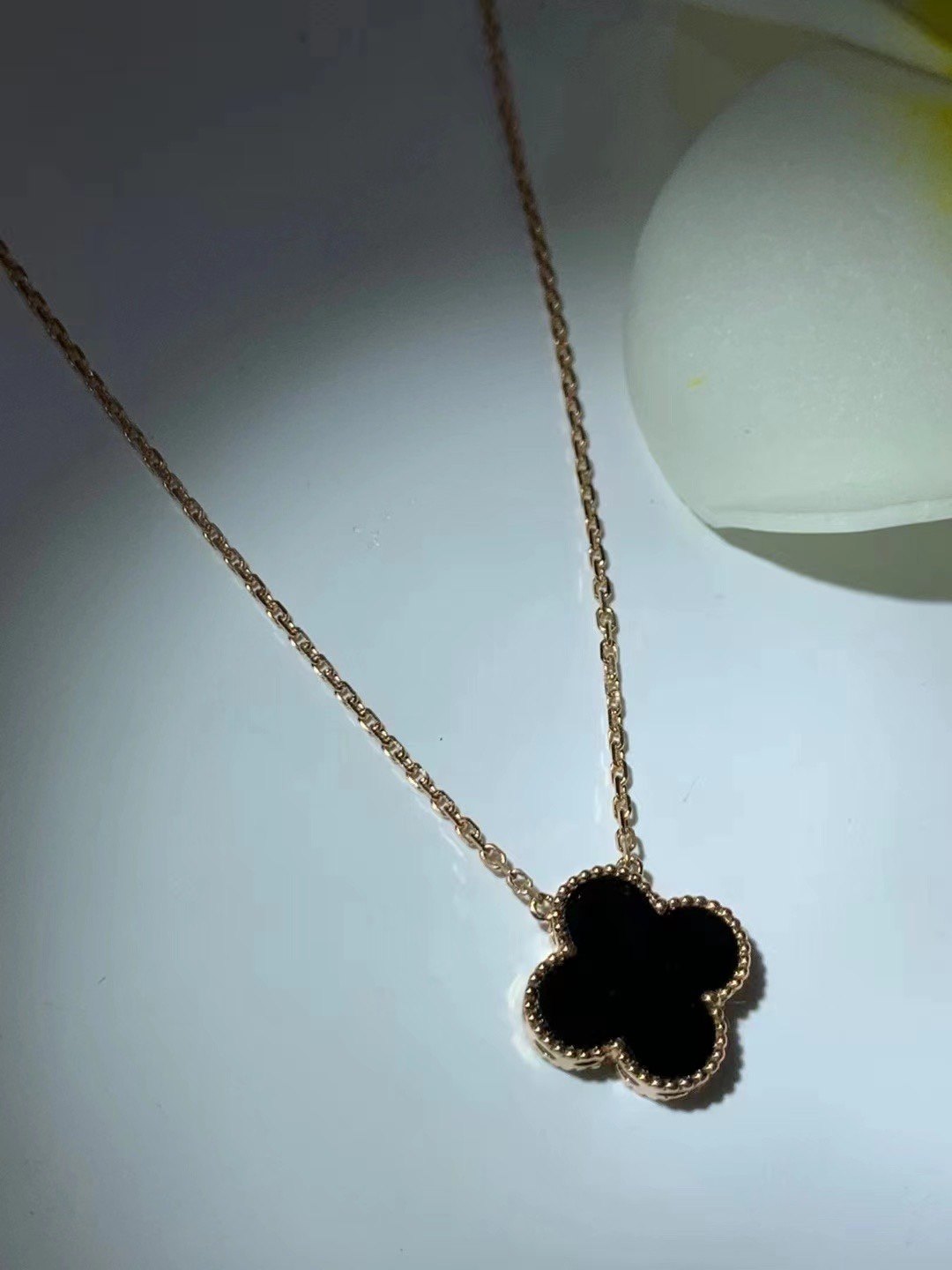 凝墨为翠家天然缅甸翡翠18k玫瑰金简镶冰种墨翠四叶草女士锁骨链