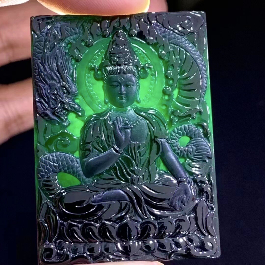 凝墨为翠家天然缅甸翡翠冰种墨翠降龙观音 三五大牌子吊坠