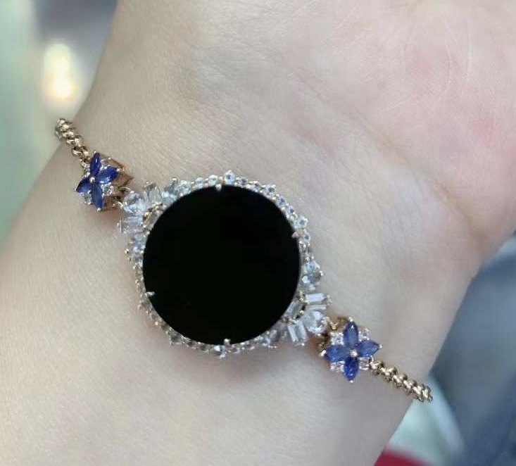 凝墨为翠天然缅甸翡翠18k玫瑰金加南非钻镶女士冰种墨翠圆牌手链