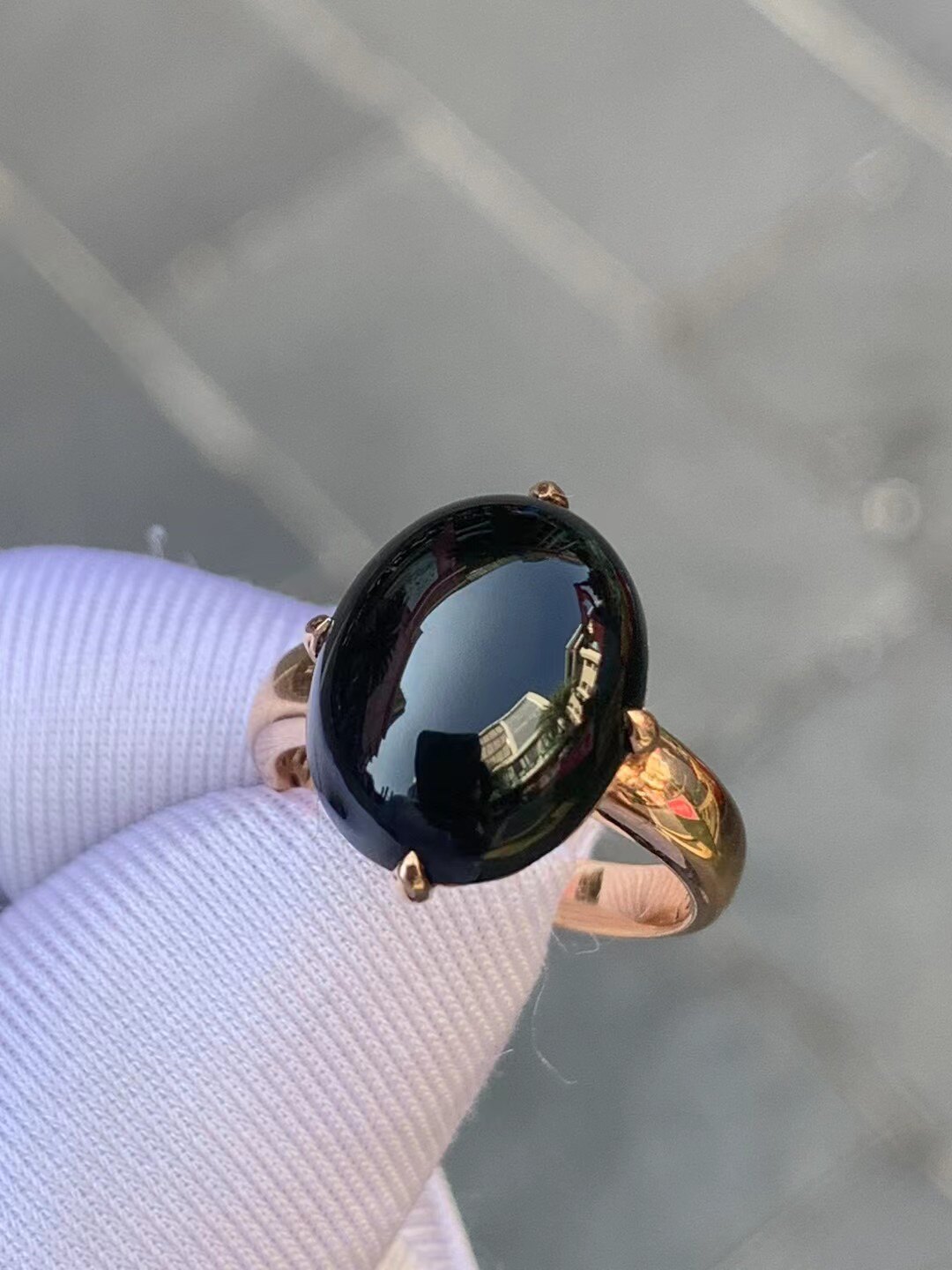 凝墨家天然缅甸翡翠18k玫瑰金简约大气冰种墨翠蛋面女士戒指