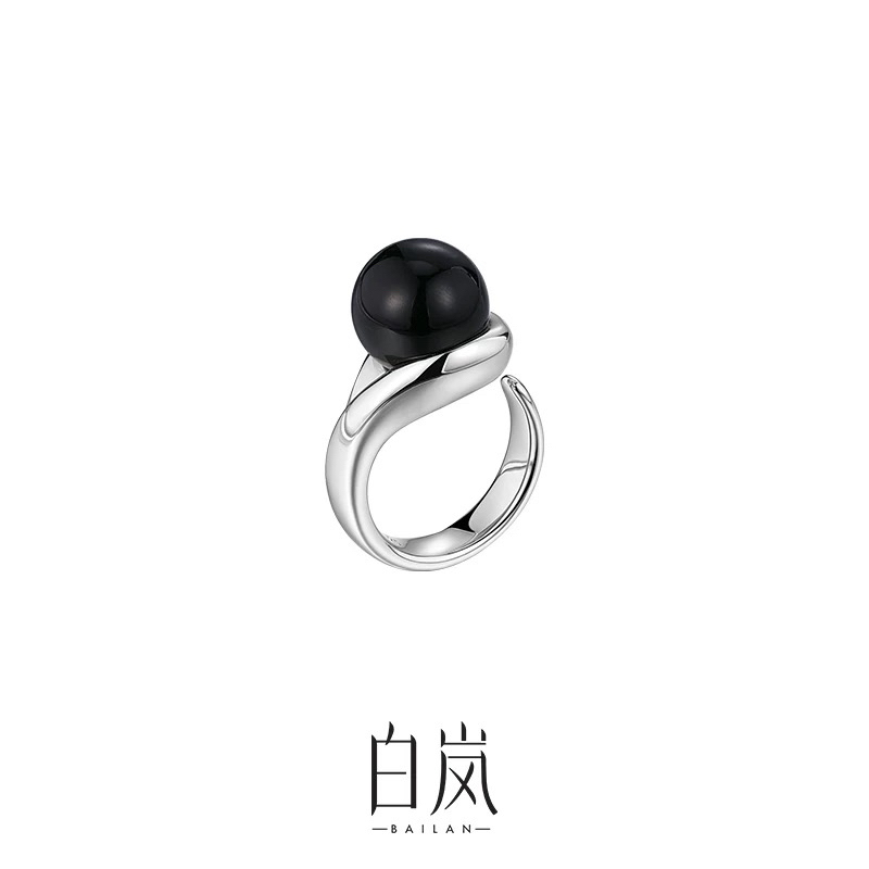 天然缅甸翡翠A货冰种墨翠圆珠戒指设计款925银镶嵌定制款圈口可选