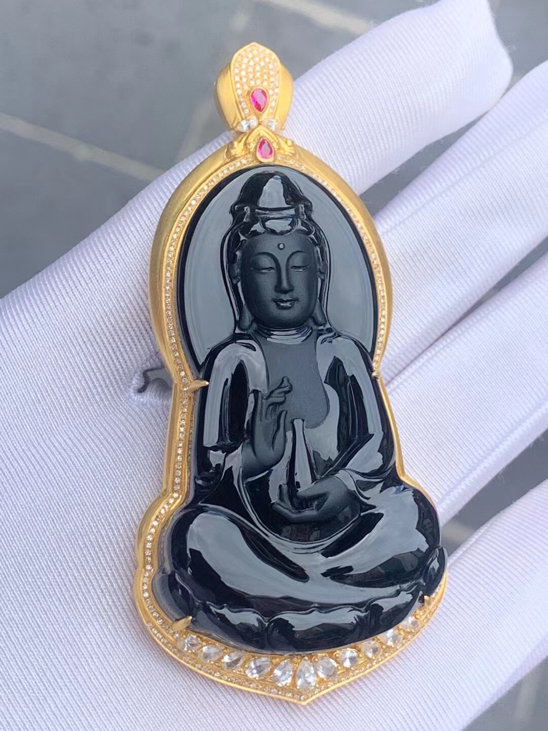 凝墨家天然缅甸翡翠18k黄金镶嵌冰种墨翠素衣观音吊坠