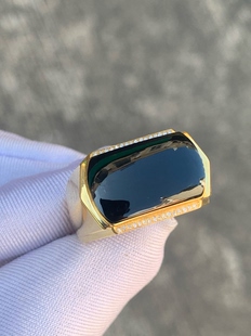 天然缅甸翡翠a货冰种墨翠马鞍戒指18k黄金男士戒指