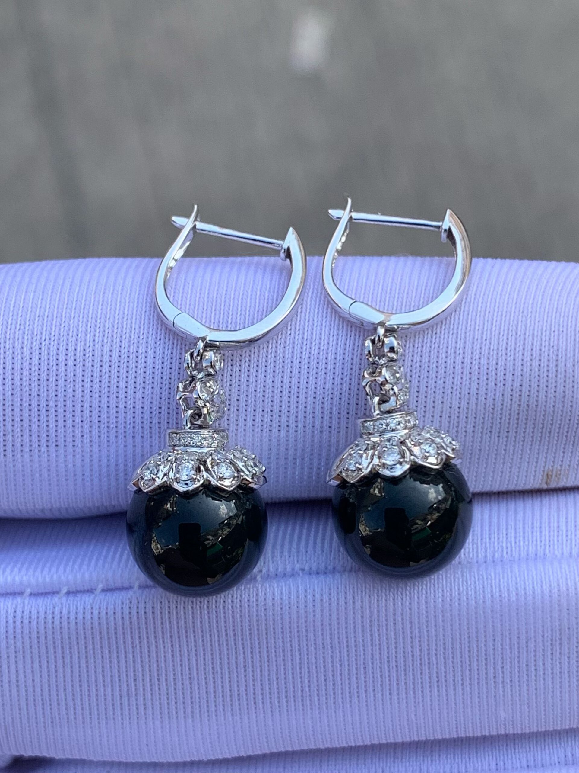 天然缅甸翡翠a货冰种墨翠圆珠珠子耳坠18k金镶嵌女士耳扣