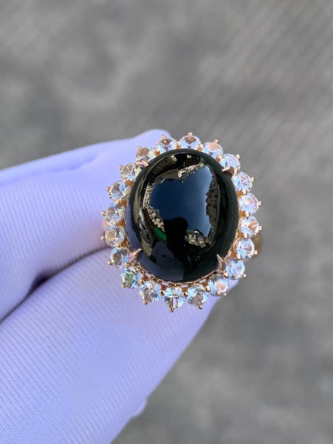 凝墨家天然缅甸翡翠冰种墨翠18k白金镶嵌椭圆蛋面女士戒指