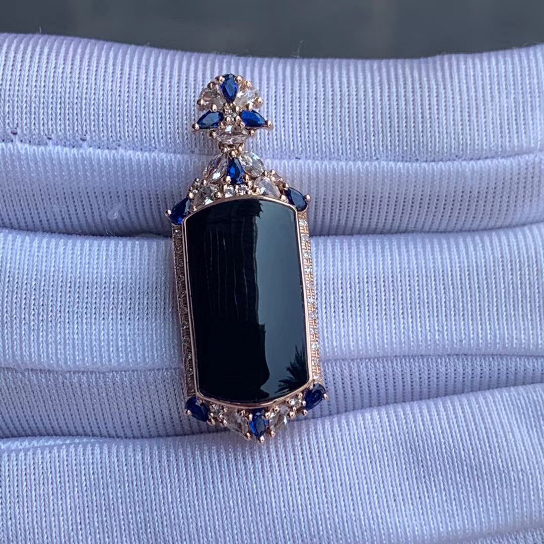 凝墨为翠家天然缅甸翡翠18k金镶嵌冰种墨翠马鞍女士吊坠