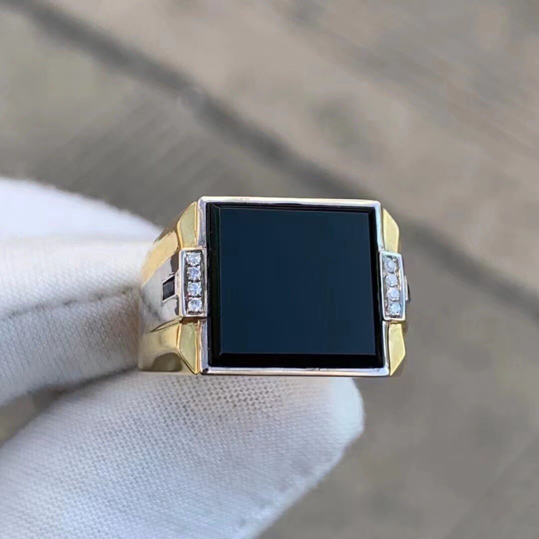 凝墨为翠家天然缅甸18k白金黄金分色冰种墨翠方形戒面男士戒指