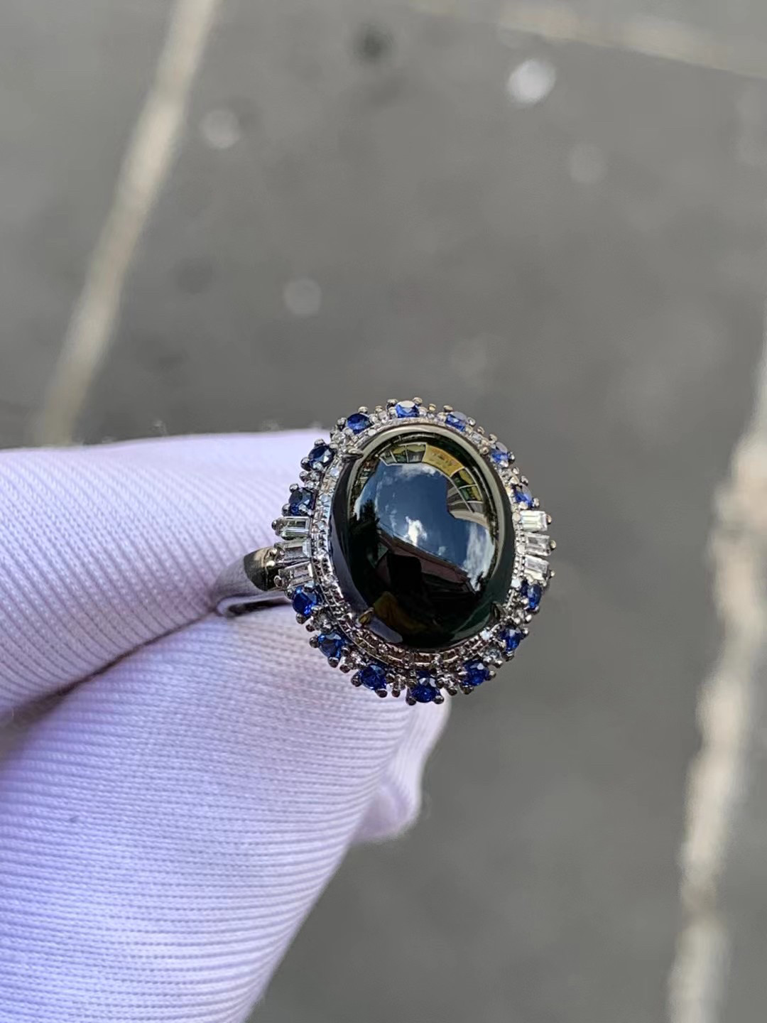 凝墨家天然缅甸翡翠18k乌金镶嵌冰种墨翠蛋面女士戒指