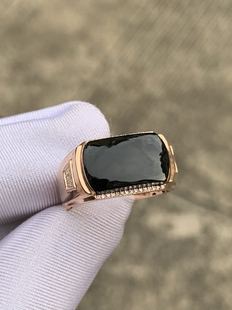 天然缅甸翡翠a货冰种墨翠马鞍戒指18k玫瑰金男士戒指21圈口