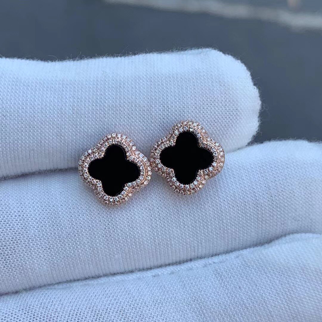 凝墨家天然缅甸翡翠18k玫瑰金满钻冰种墨翠四叶草女士耳钉