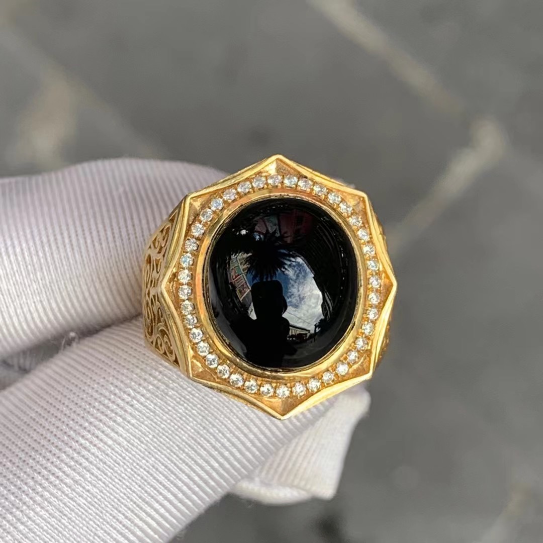 凝墨为翠家天然缅甸翡翠18k黄金加南非钻冰种墨翠蛋面男士戒指