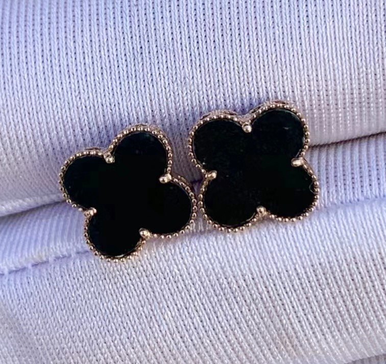 凝墨为翠家天然墨翠18k玫瑰金镶嵌四叶草女士幸运之神耳钉