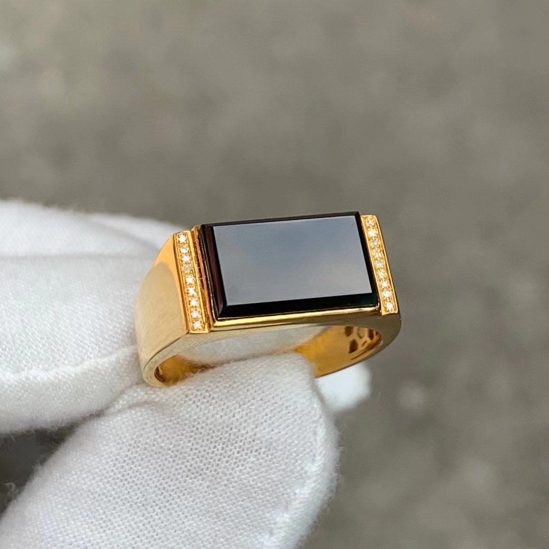 凝墨为翠家天然翡翠缅甸玉石冰种墨翠长方戒面男士戒指18k金镶嵌