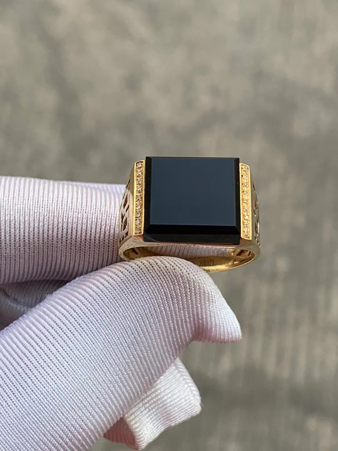 ning墨家天然缅甸翡翠18k黄金镶嵌冰种墨翠方形戒面男士戒指