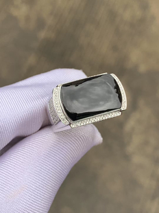 天然缅甸翡翠a货冰种墨翠马鞍戒指指环戒圈18k白金镶嵌