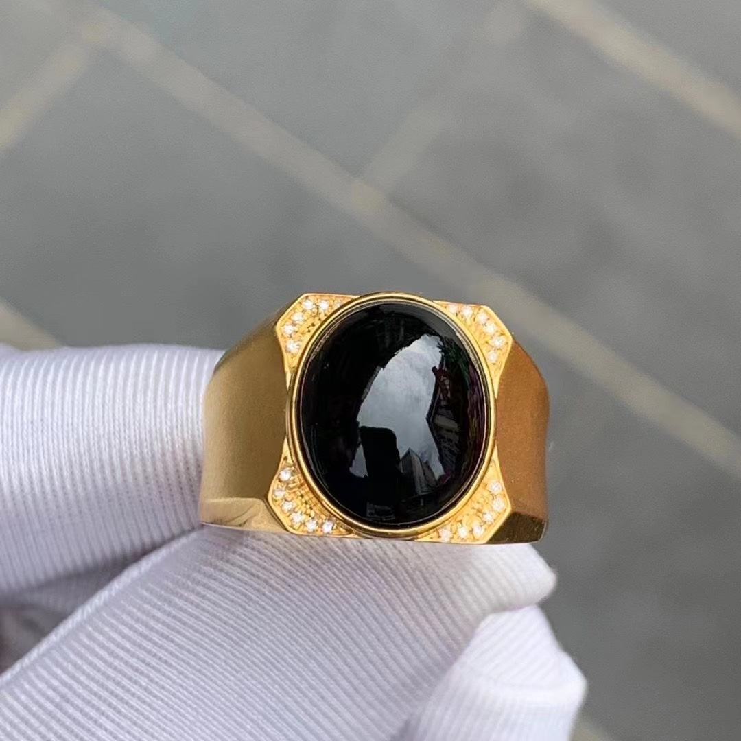 凝墨为翠家天然缅甸翡翠18k黄金镶冰种墨翠蛋面男士戒指